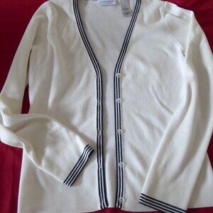 White Cardigan with navy trim by Villager